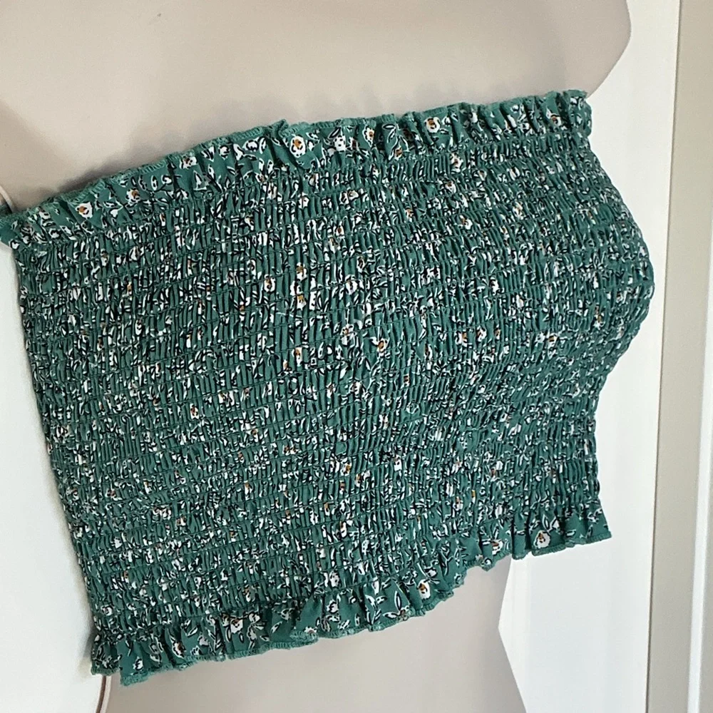 2 Bella Womens XS Green Floral Print Smocked Strapless Tube Top - Picture 2 of 6